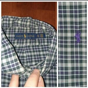 RALPH LAUREN Men Blue and Green Plaid Button Down Long Sleeve Shirt Logo XL TG